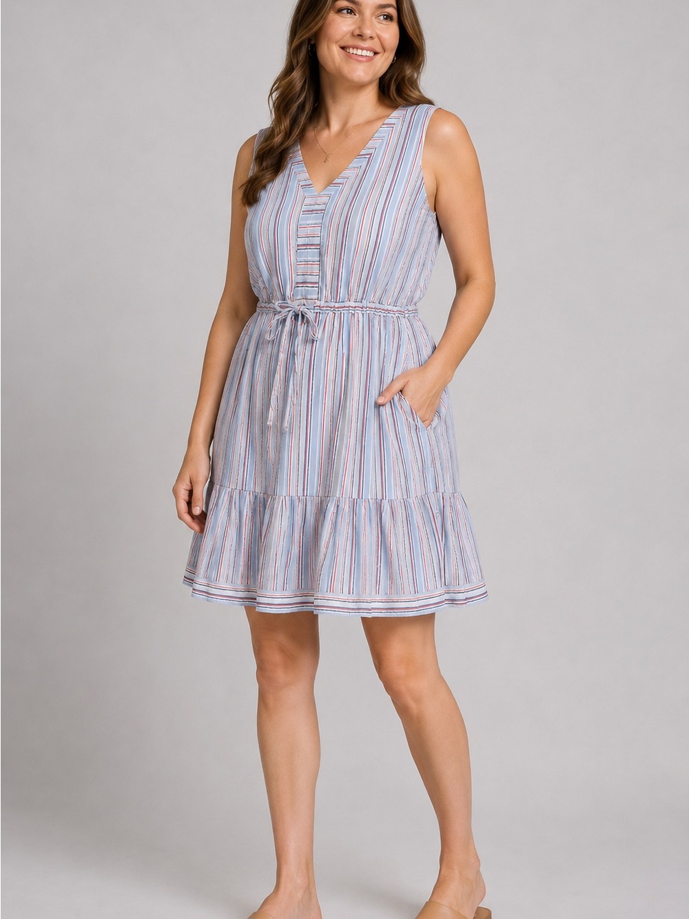 Vineyard Vines Striped Sleeveless Tiered Dress Women’s Large Blue Red White